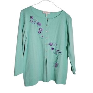 Escada  Women's Mint Green Floral Embroidered Cardigan Cotton Blend Sweater 44